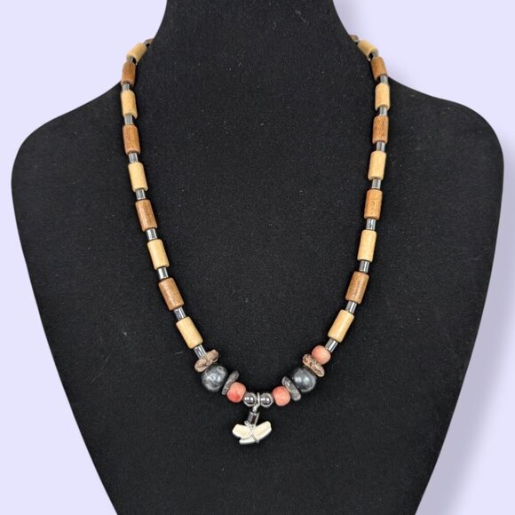 Vintage Wood & Hematite Beaded Shark Tooth Necklace - Picture 1 of 4